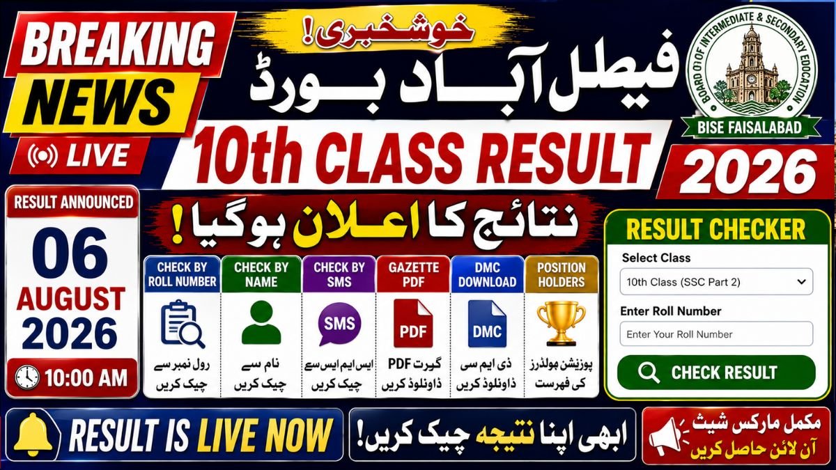 BISE Faisalabad 10th Class Result 2026 Announced Today (06 August 2026 at 10:00 AM) – Check by Roll Number, Name, SMS, Gazette PDF & DMC